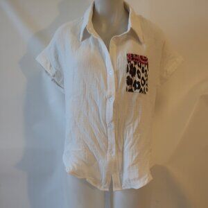 NWT Womens Romi Basha White "Michelle" Leopard & Paisley Button Down Shirt XS***